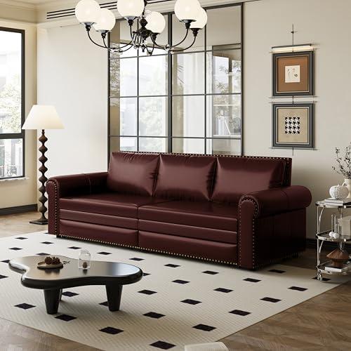 Cilee 94 tum hopfällbar bäddsoffa, 3-i-1 King Cabriolet sovsoffa, utdragbar futon bäddsoffa, Chesterfield-soffa med spikkant och rullad arm, golvsoffa för vardagsrum, fuskläder, vinröd