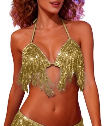 Generisch Parte superior de bikini con flecos de lentejuelas, para danza del vientre, para fiestas y espectáculos, dorado, talla única
