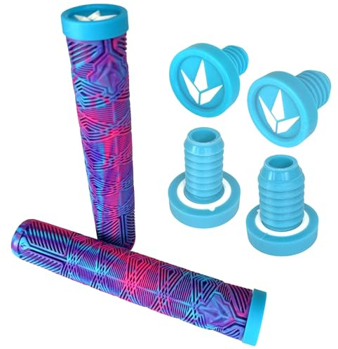 F26 Blunt Stunt-Scooter BMX Dirt Trick Tret Freestyle Roller V3 Hand Griffe Soft lang 160mm mit 2x2 Barends Lenkerstopfen (Lila/Türkis/Pink)