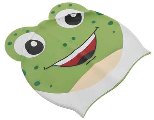 SKISUNO Gorro de Baño Infantil de Silicona Niñas, Tamaño Adaptable, Diseño de Dibujos Animados de Rana, Protección de Orejas para Piscina y Natación Segura