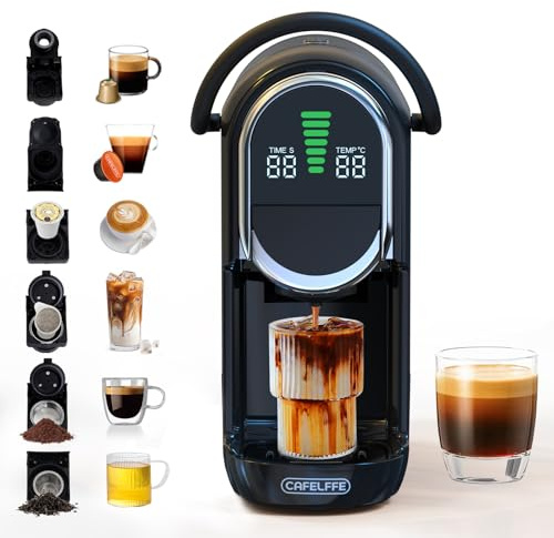 CAFELFFE MK-609S 6-i-1 kapselmaskin, 20 bar med automatisk tryckavlastning, temperatur- och kaffemängdkontroll | 6 adapteralternativ för kapslar, teblad och malet kaffe, 1450 W, svart