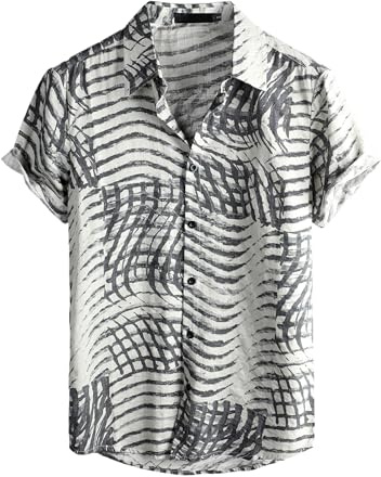 VATPAVE Mens Hawaiian Shirt Short Sleeve Button Down Shirts M Beige