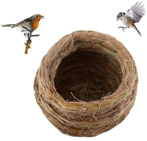 Handwoven Straw Bird Nest, 4.9x3inch Woven Grass Bird House Hamster Cage Parrot Canary Finch Budgie Hatching Breeding Cave House Parrot Hideaway Shelter for Small Pets