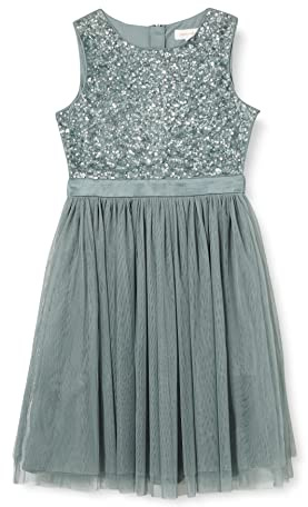 Maya Deluxe Vestido Midi para niñas con Lentejuelas adornadas para Fiesta, tutú, Damas de Honor, Boda con Lazo para cinturón, Verde neblina, 5-6 Años