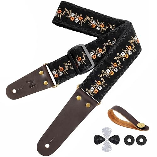 Nefelibata - Correa de guitarra vintage de algodón, con extremos de cuero auténtico para bajos, guitarras eléctricas y acústicas, con botón de correa, 1 par de cierres de correa y 4 púas