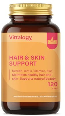 VITTALOGY Hair & Skin Support Complemento Alimenticio de Vitaminas, Biotina, Queratina y Zinc para Fortalecer Pelo, Piel y Uñas. Suplemento Natural Contra Caida Cabello de Mujer y Hombre. 120 Cápsulas