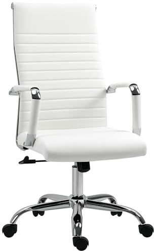 Vinsetto Silla de Escritorio Giratoria Silla de Oficina con Respaldo Alto Ruedas Giratorias Altura Ajustable Función Basculante y Reposabrazos Tapizado en Cuero Sintético Blanco