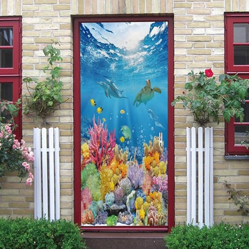 Pegatinas De Puerta 3D Para Puertas Interiores Coral Del Océano Azul 80 X 200 Cm Fondo De Puerta Extraíble Vinilo Impermeable Autoadhesivo Puerta Mural Calcomanías Para Dormitorio Oficina Baño 0