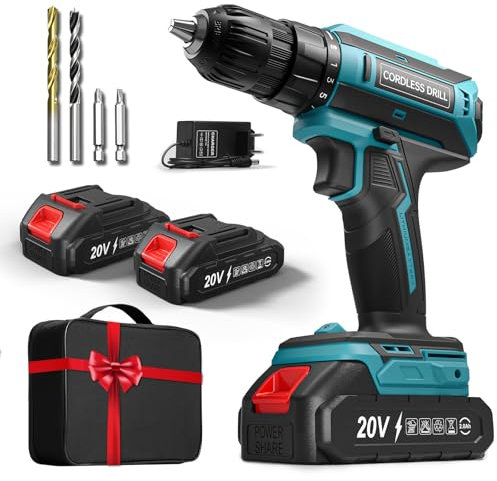 Taladro Atornillador Batería con 2 Baterías, 20V Taladro Bateria par Máximo de 42Nm, Taladro Inalámbrico de 2 Velocidades, Apto para Baterías Makita, 25+1 Niveles de Par, Luces LED, Portabrocas 10mm