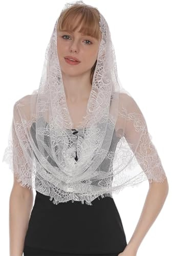 JEXOWIQ Schleier,1 pcs Weiß lang Spitzenschleier, Damen Mantilla Schleier Spitze Kapelle Schal Stola Kopfbedeckung Elegant und schönSpitze Weiß Für Massenhochzeits