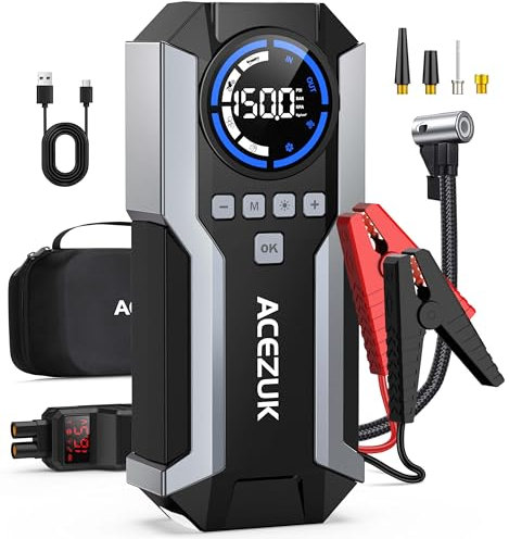 ACEZUK Starthilfe Powerbank 6000A 150PSI Kompressor (Bis Zu 10,0L Benzin Oder 8.0L Diesel) Auto Starthilfe LED-Taschenlampe, großen Bildschirm, Jumper Bildschirm