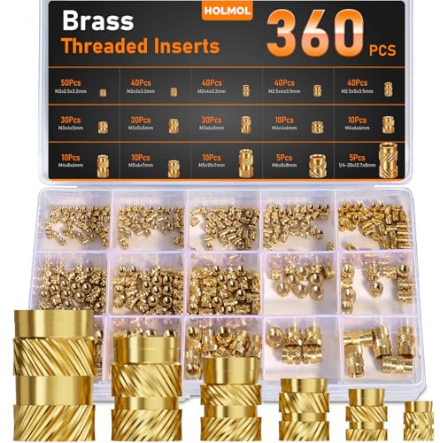 HOLMOL - Juego de 360 unidades, rosca de fusión de latón M2, M2,5, M3, M4, M5, M6, para plástico, tuercas moleteadas para accesorios de impresión 3D y proyectos de bricolaje, insertos roscados con