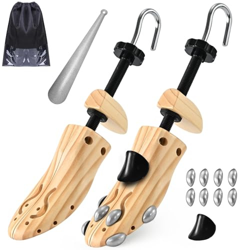 JJDPARTS Wooden Shoe Stretcher, Pair 4 Way Wooden Shoe Tree Extender for Women and Men (With Metal Plug M(for Men's Size Us 6.5-9))