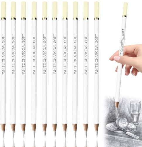 10Pcs White Charcoal Pencils, Highlight Sketch White Pencil Ideal for Drawing, Sketching, Shading, Blending, Detailing Hand-Painted Hook Line Pens Pens for Artist and Beginners for Return to School