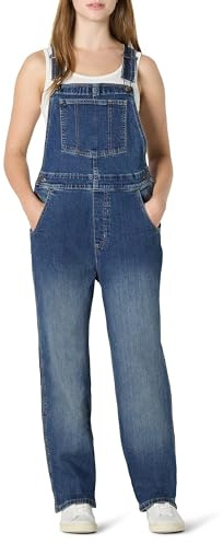 Amazon Essentials Women's Medium stretch denim relaxed-fit straight leg overalls, Classic Medium Wash, M