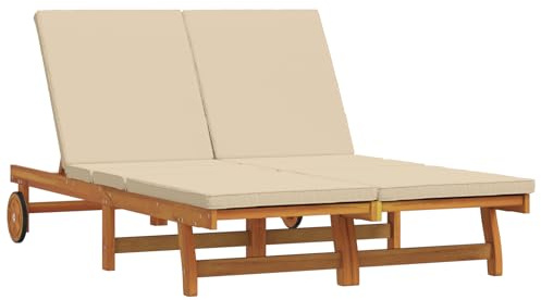 vidaXL Lettino Doppio da Sole con Ruote e Cuscino in Legno Massello di Acacia