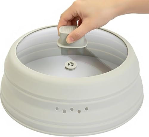 Copertura per forno a microonde per alimenti, pieghevole, in vetro, con manico, in silicone, per microonde, piatto, ciotola (Grigio)