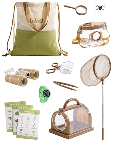 ROBUD Kit da esploratore all'aperto per bambini, set da 12 pezzi per catturare gli insetti con binocolo, bussola, lente d'ingrandimento, regalo per bambini dai 3 ai 12 anni, verde