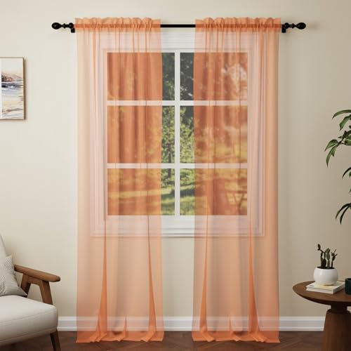 Pacok Orange Voile Curtains 108 Drop, 2 Panels Rod Pocket W56xL108 Inch | See Through Net Curtains for Windows Long Washable Sheer Curtain Panel for Living Room, Bedroom, Kitchen 142 x 274cm Drop