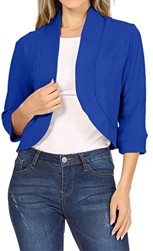 LZPCarra Blazer dam sportig kort blazer dam elegant blå kavaj 3/4 ärm kofta enfärgad vår jacka business jacka ledig blazer jacka casual övergångsjacka bekväma kavajjackor kostym
