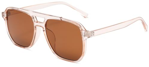 Long Keeper Square Pilot Sunglasses for Women Men Retro Double Bridge Aviation Square Sunglasses Classic Tinted Sun Glasses Anti UV400 Vintage Shades (Clear Pink Frame - Brown Lens)