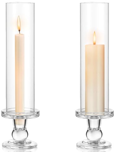 Juego de 2 Portavelas de Cristal Transparente Tipo Huracán de 25 cm de Alto Huracán Candelabro Titulares Vidrioideal como Centro de Mesa para Bodas Fiestas cenas Eventos y decoración del hogar