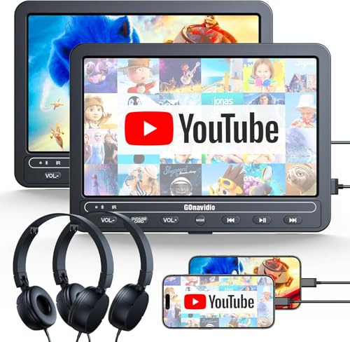 GOnavidio 10.1 Portable DVD Players for Car with HDMI Input, 5 Hours Battery, 2 Headphones, Dual Car DVD Players Support Sync Screen, USB/TF Card, Play Same/Different Movies, Dual Speakers(2 Players)