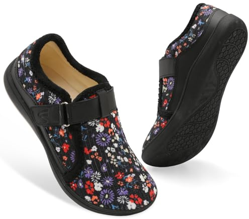 JIASUQI Wide Womens Slippers Adjustable House Shoes Indoor Outdoor Swollen Edema Diabetic Shoes Barefoot Slippers Cozy Walking Shoe(Blackflower 43,Size 8)
