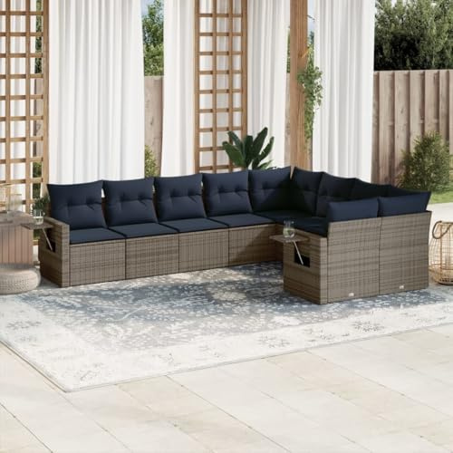Qnhdfrt Set di 9 divani da giardino in polyrattan con cuscino blu navy, divano angolare modulare, tavolino pieghevole robusto e resistente alle intemperie, per giardino, terrazza, balcone