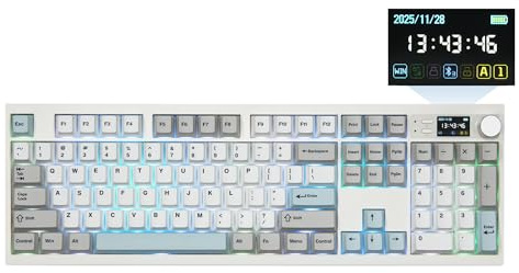 EPOMAKER QK108 Clavier Mécanique Grande Taille avec Écran&Molette, QMK/Via, RVB, Hot Swap, 8000mAh, Gasket, Keycap Mac, Creamy&Thocky, QWERTY, Clavier Gaming 2.4G/BT (Blanc, Sea Salt Silent)
