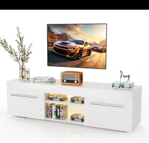 130cm High Gloss TV Stand Cabinet with RGB LED Lights, White, for 65-85 Inch Television, Living Room TV Unit with 2 Open Storage Rack, 2 Drawers, 20 Colours Lights