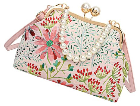 Bolso de hombro bordado de inspiración vintage, estilo tradicional, bolso cruzado para mujer, con cadena de perlas, bolso de hombro vintage para mujer, a