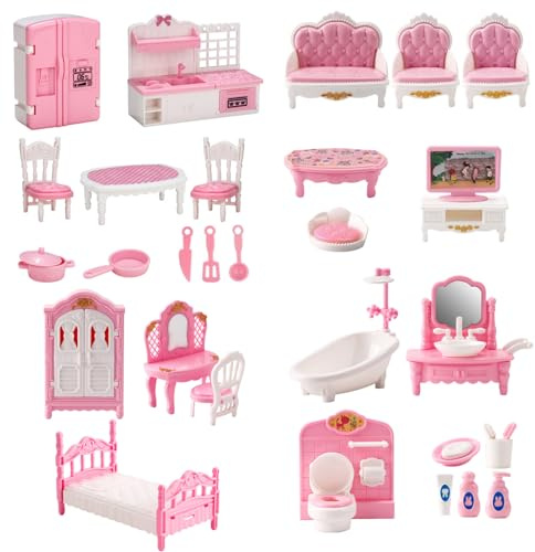 Juego de 4 Juegos de Muebles para casa de muñecas, miniaturas realistas de casa de muñecas, Incluye Kit de Bricolaje para Cocina, Dormitorio, baño y Sala de Estar, Accesorios para de par