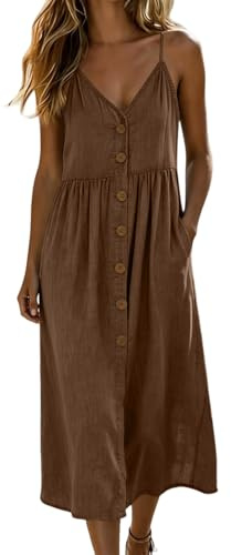 Vestido de verano para mujer, vestido de verano midi – línea A, algodón, cuello en V, bohemio, vestido de playa, monocolor, vestido de tirantes delgados, vestido de ocio midi con bolsillos