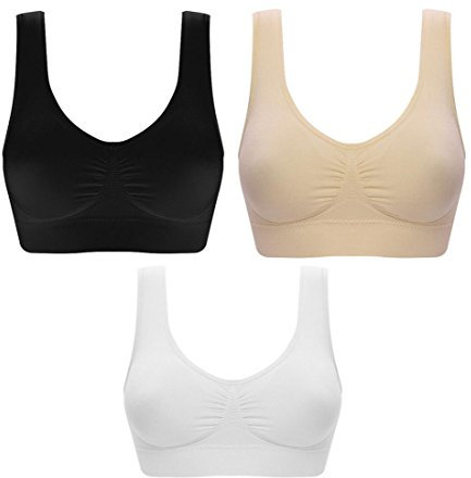 SZJH 3 Pack Of Simply Ultra Comfort Seamless Sport Style Bra With Removable Pads, White/Black/Nude, 3XL