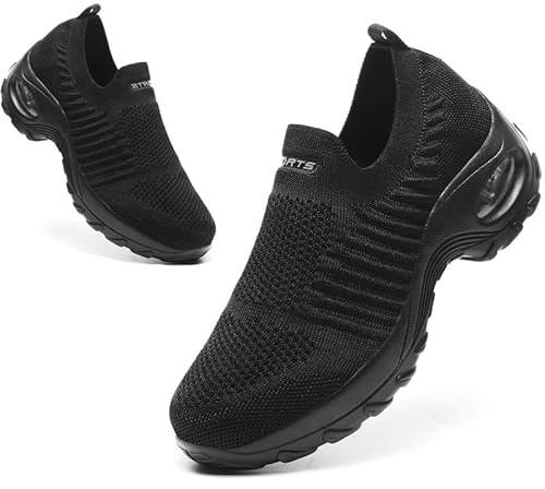 Womens Walking Shoes Slip On Trainers Arch Support Shoes Lightweight Running Shoes for Plantar Fasciitis Orthopedic Comfy Nurse Shoes Full Black UK 5