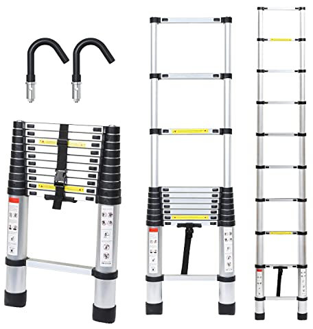 Ikodm teleskopstege i aluminium med avtagbar krok, 3,2 m utdragbar stege, halkfri aluminiumledare stående stege multifunktionsstege utdragbar aluminiumstege, utdragbar stege belastning 150 kg