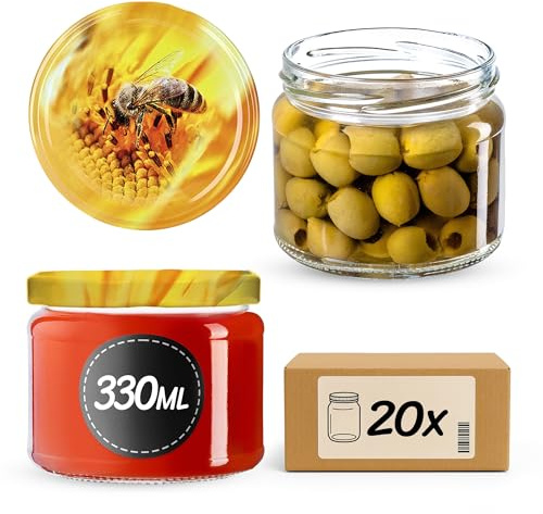 KADAX Lot de 20 bocaux en verre 330ml Ø82 à pois rouges – Couvercle Twist-Off hermétique TO82 – Pour confitures, conserves, cornichons, miel & fermentation