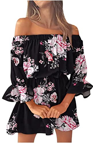 Cocila Abiti Lunghi Estivi Donna Abiti Estivi per Le Donne 2023 Spiaggia Sexy con Spalle Scoperte Tunica Prendisole Casual Loose Fit Manica A Campana Mini Abito Floreale Vestito di Carnevale Sexy