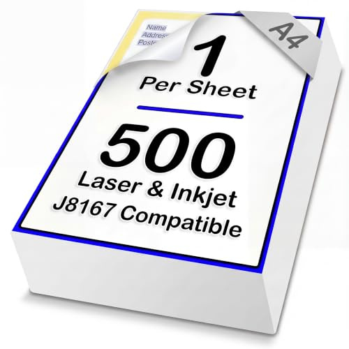 [500 Pack] Sticky Labels 1 per Sheet, White Address Stickers for A4 Printers, Large Self-Adhesive Sticker Paper for Mailing & Moving Boxes