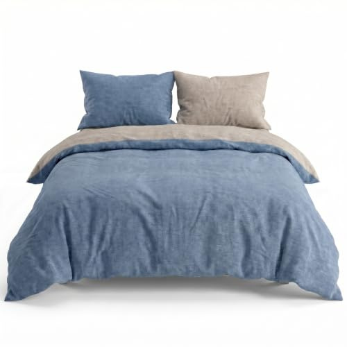 INTRECCI Set Copripiumino Singolo in Flanella di Cotone 100% | Parure Letto Invernale Felpata, Morbida | Sacco 155x200 cm + 1 Federa 50x80 cm, Effetto Tinto in Filo Double Face | Colore: Blu/Tortora