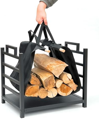 DanDiBo 96466 Étagère à bois de cheminée en métal noir avec sac de transport 45 cm