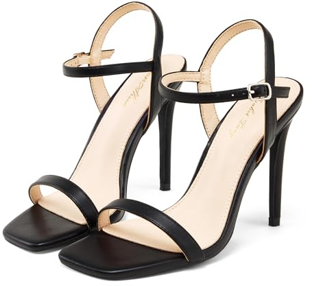 Elisabet Tang Women's High Heeled Sandals 4 Inch Strappy Sling Back Stiletto Open Square Toe Heels with Ankle Straps at Wedding Party Prom Work Dating Black Size 7