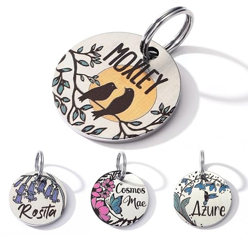 Placas de identificación para perros, Etiquetas de nombres de mascotas grabadas con impresión en color, placas personalizadas para mascotas, etiqueta de soporte de collar (pájaro)