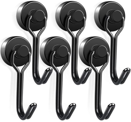 Semazz Heavy Duty 25 lb+ Black Neodymium Magnet Hooks, 6 Pack, Modern Style, Powder Coated Finish, Ideal for Kitchen, Bathroom, Cabinets, Garage, Shed, Office, Ceiling