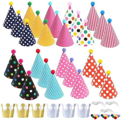 UILYNIU 33-Piece Party Hats Set - Cone Hats with Pom Poms for Birthday, Halloween, New Year's - Lovely Crowns for Girls, Boys & Adults