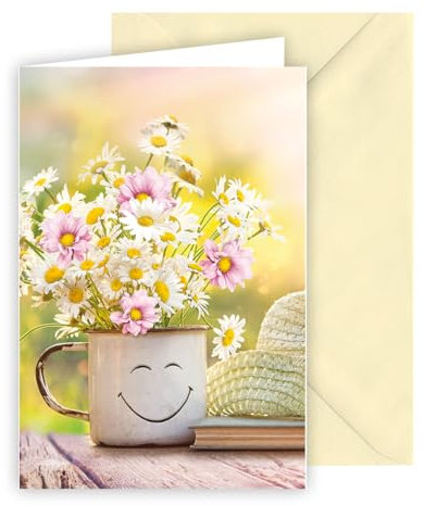 KE - Frühlingshafte Blankokarte, leere Karte, Format B6 Druckkarte für verschiedene Anlässe, weißer Karton, Motiv: Tasse mit lachendem Gesicht und Blumen