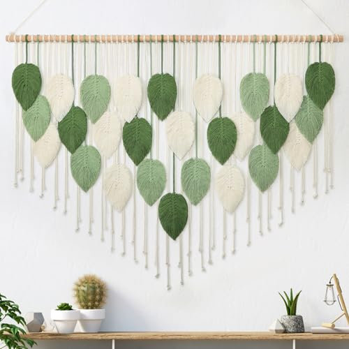 Weldomcor Macrame da Parete in Macramè, Decorazione Bohémien, Decorazione per la Casa, Camera da Letto, 130 x 85 cm（Verde, Beige）