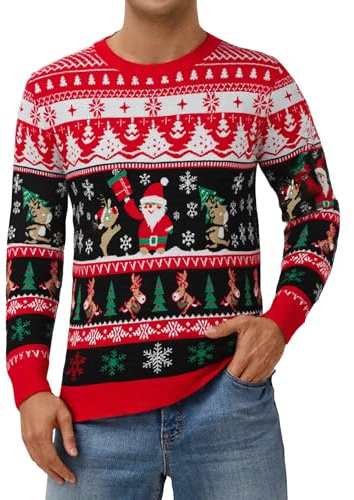 Atforna Pull de Noël pour Homme - Ugly Christmas Sweater - Pull de Noël Drôle - Pull en Tricot Col Rond avec Flocon de Neige pour la Fête de Noël, XL