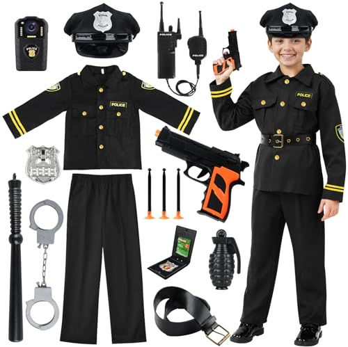 VICTERR Disfraz Policia Niño, Disfraz de Policía de Lujo con Policía Camisa Pantalones Sombrero Cinturón Policia Placa Esposas Walkie Talkie para Niños Halloween Fiesta Carnaval Police Juego Rol